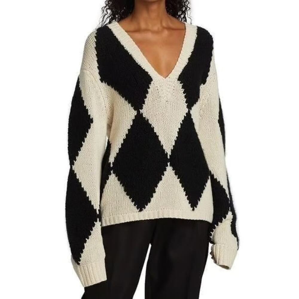 Khaite Valerie Argyle Cashmere Sweater Deep V-Neck Cream Black Oversized Cozy M